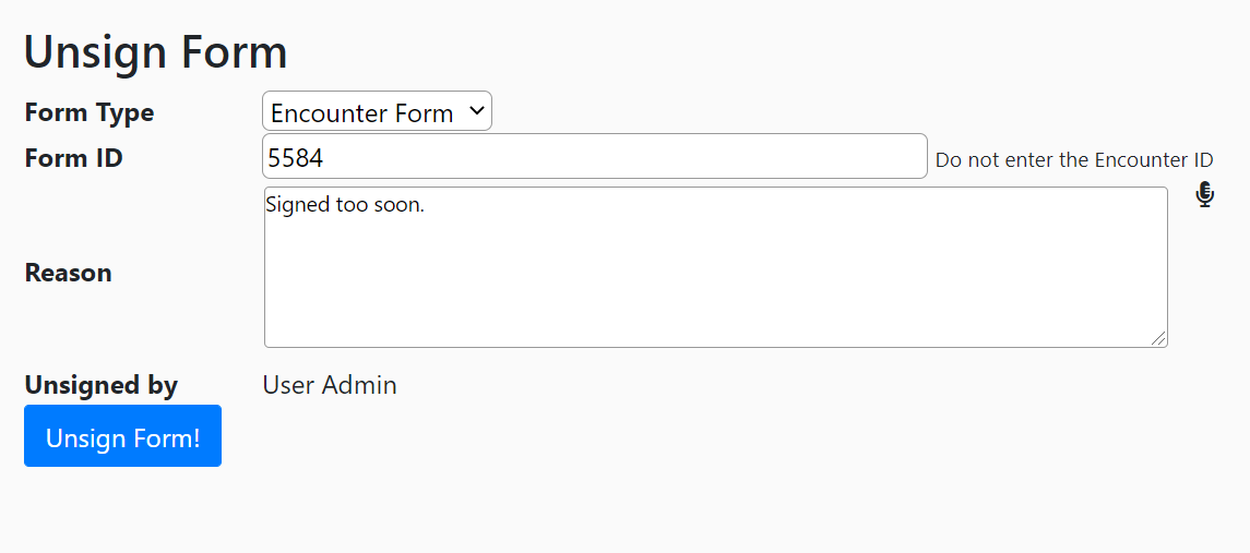 Form id and reason for unsigning